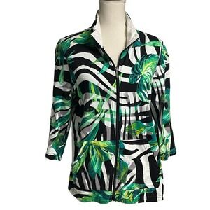 Onque Casuals Green Black Tropical Sweatshirt Jacket Women's Large